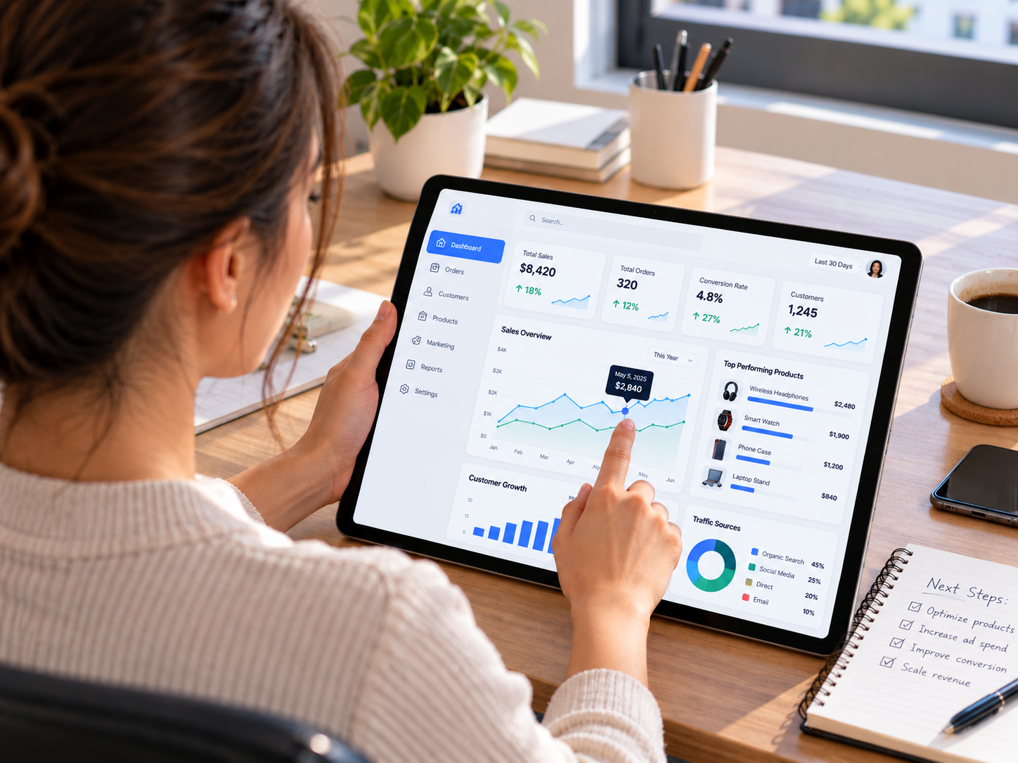 Over-the-shoulder shot of a person looking at a dashboard with graphs and charts