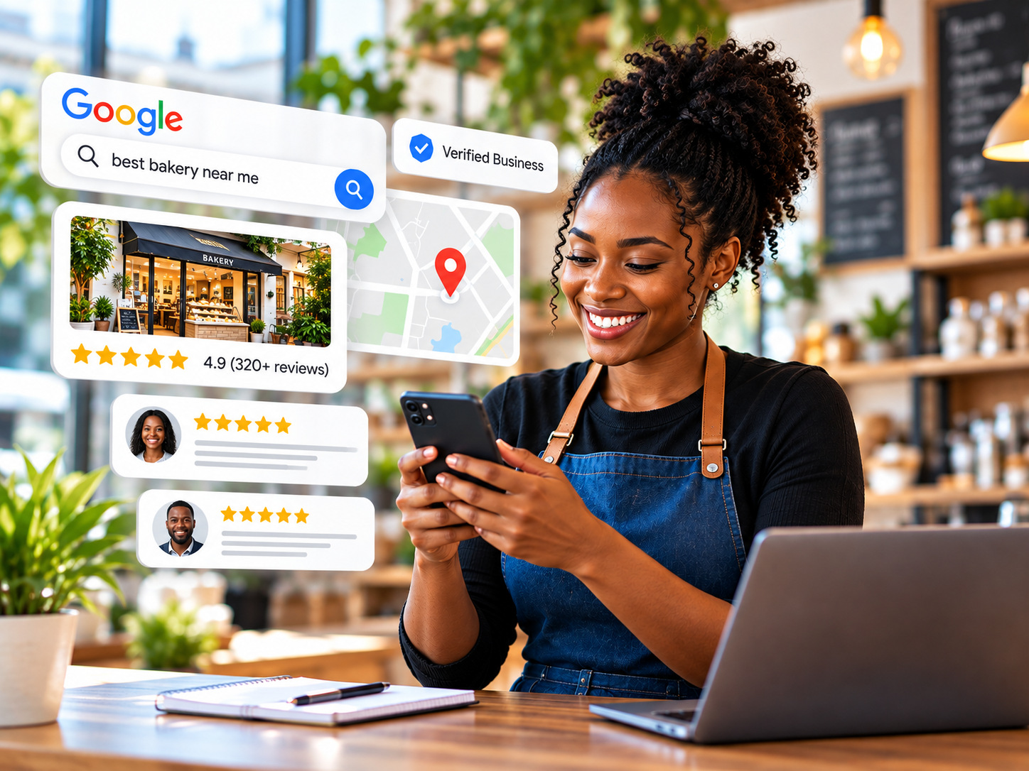 Image of person on phone smiling and looking at a website on their phone