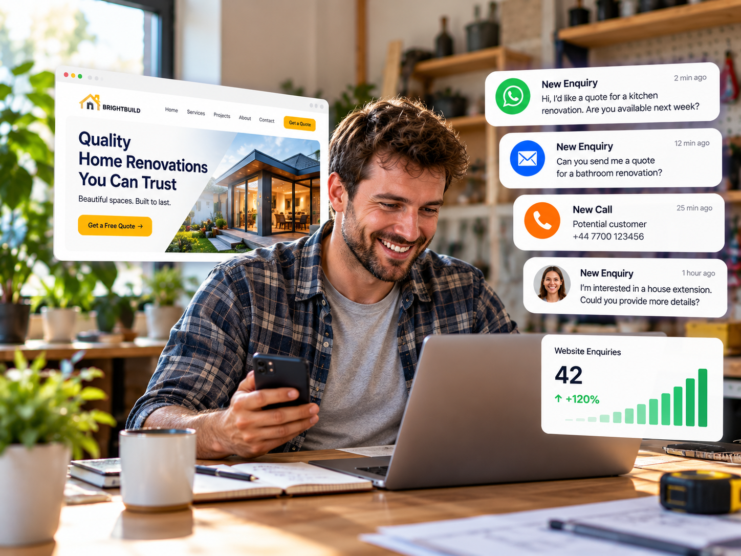 Image of person on phone smiling and looking at a website on their laptop