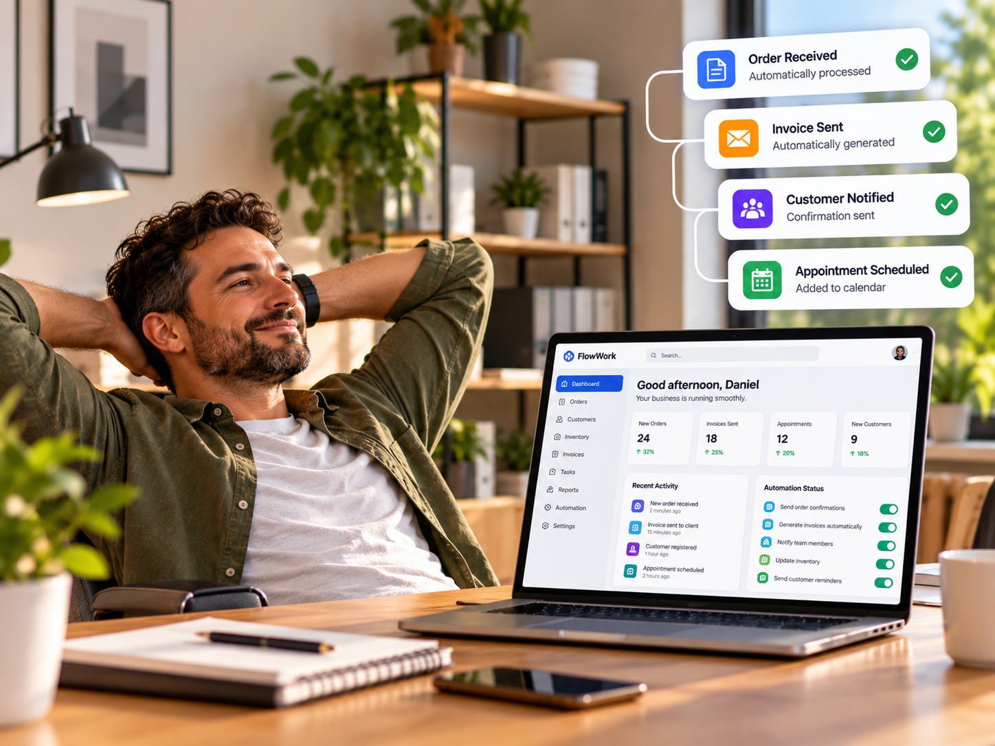 business owner relaxed with custom dashboard open