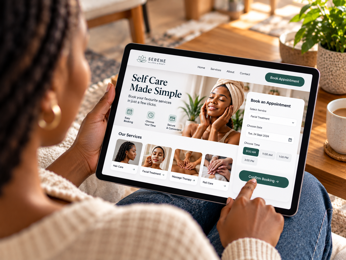 Image of person on tablet smiling and looking at a web application